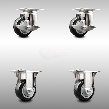 Service Caster 3.5 Inch 316SS Black Polyurethane Swivel Top Plate Caster Brake 2 Rigid, 2PK SCC-SS31620S3514-PPUB-BLK-TLB-2-R-2